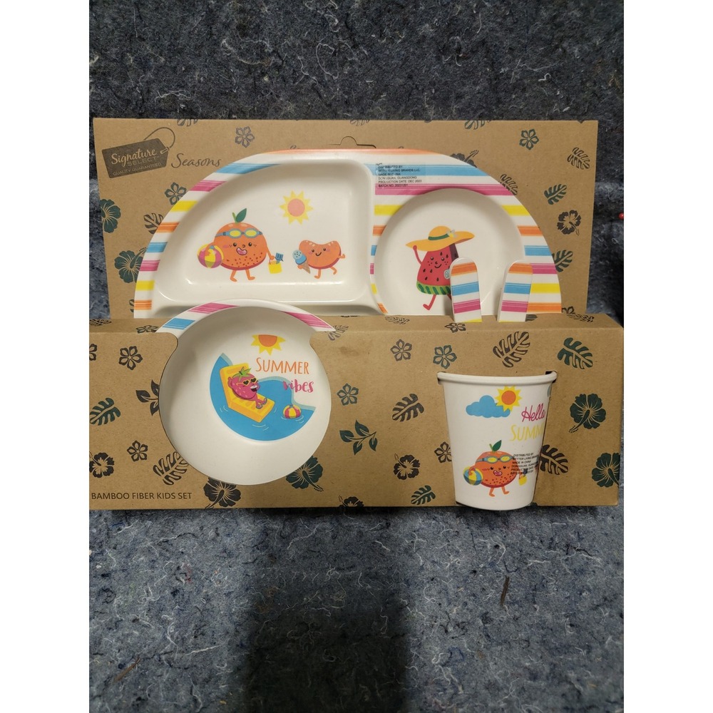Happy Summer Bamboo Fiber Kids Set‎  Plate, Bowl, Cup, Spoon, & Fork